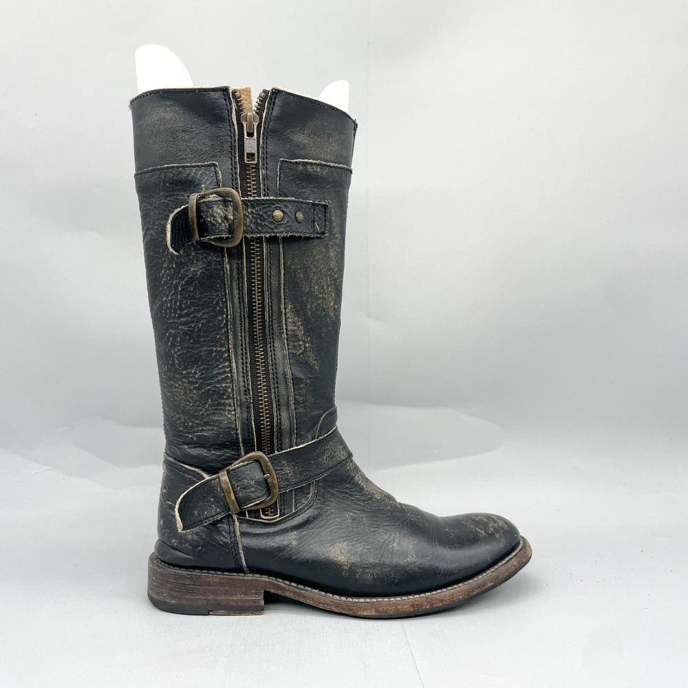 Bed Stu Womens 6.5 Bogo Moto Engineer Boot Black Distressed Leather Biker Rugged
